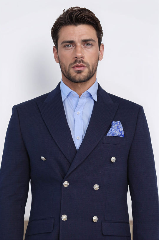 Men’s Midnight Navy Solid Slim Fit Double-Breasted Peak Lapel Blazer with Silver Buttons