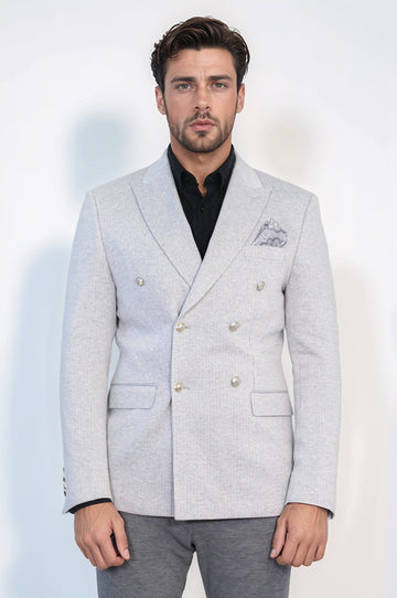 Men’s Light Gray Pinstripe Slim Fit Double-Breasted Peak Lapel Blazer with Silver Buttons
