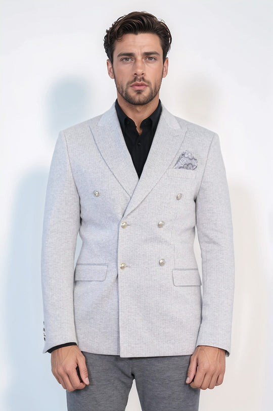 Men’s Light Gray Pinstripe Slim Fit Double-Breasted Peak Lapel Blazer with Silver Buttons