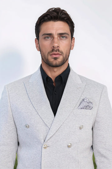 Men’s Light Gray Pinstripe Slim Fit Double-Breasted Peak Lapel Blazer with Silver Buttons