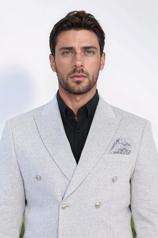 Men’s Light Gray Pinstripe Slim Fit Double-Breasted Peak Lapel Blazer with Silver Buttons