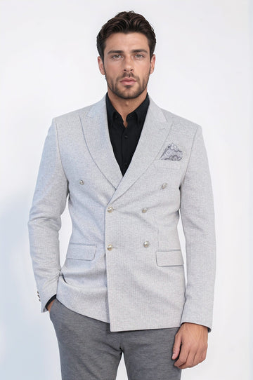 Men’s Light Gray Pinstripe Slim Fit Double-Breasted Peak Lapel Blazer with Silver Buttons