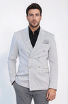 Men’s Light Gray Pinstripe Slim Fit Double-Breasted Peak Lapel Blazer with Silver Buttons