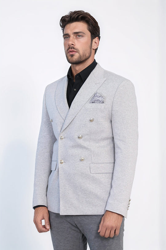 Men’s Light Gray Pinstripe Slim Fit Double-Breasted Peak Lapel Blazer with Silver Buttons
