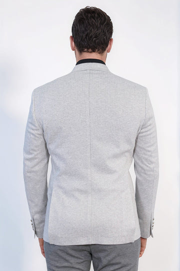 Men’s Light Gray Pinstripe Slim Fit Double-Breasted Peak Lapel Blazer with Silver Buttons