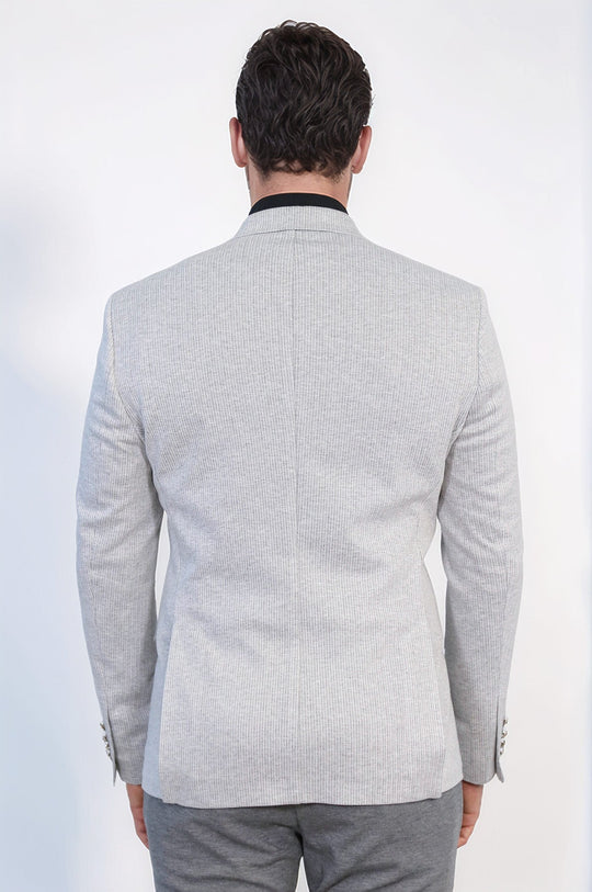 Men’s Light Gray Pinstripe Slim Fit Double-Breasted Peak Lapel Blazer with Silver Buttons