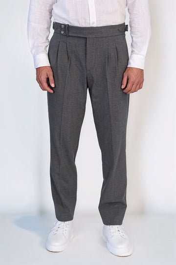 Anthracite High-Waisted Double-Pleated Slim Fit Trousers with Side Buckles – Wessi