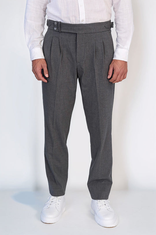 Anthracite High-Waisted Double-Pleated Slim Fit Trousers with Side Buckles – Wessi