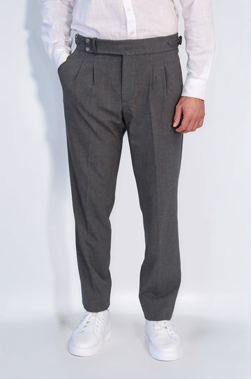 Anthracite High-Waisted Double-Pleated Slim Fit Trousers with Side Buckles – Wessi