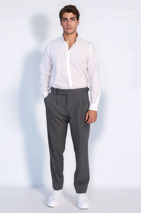 Anthracite High-Waisted Double-Pleated Slim Fit Trousers with Side Buckles – Wessi