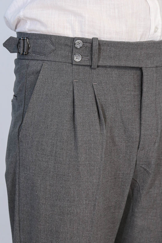 Anthracite High-Waisted Double-Pleated Slim Fit Trousers with Side Buckles – Wessi