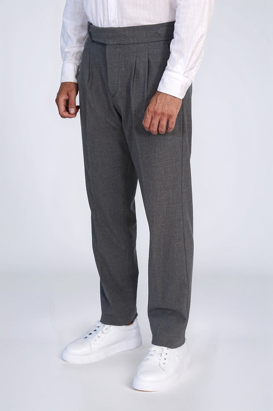 Anthracite High-Waisted Double-Pleated Slim Fit Trousers with Side Buckles – Wessi