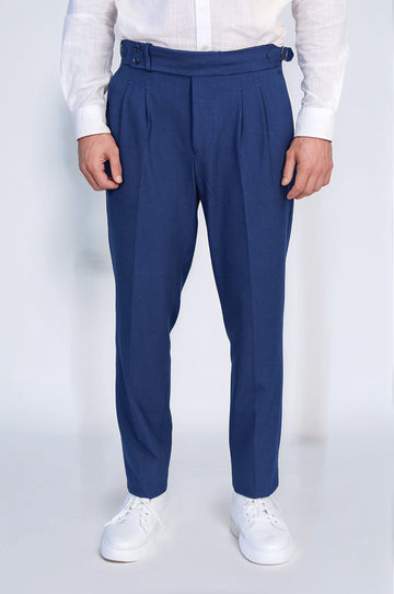 Sapphire Blue High-Waisted Double-Pleated Slim Fit Trousers with Side Buckles – Wessi