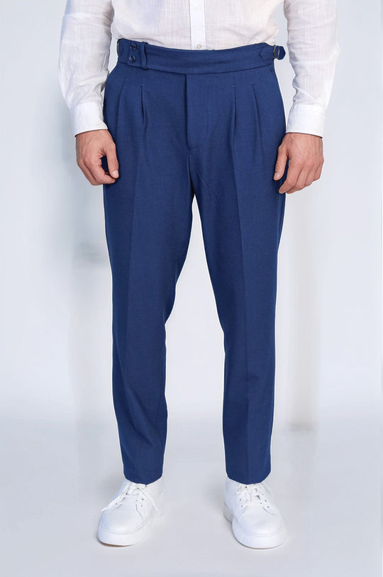Sapphire Blue High-Waisted Double-Pleated Slim Fit Trousers with Side Buckles – Wessi