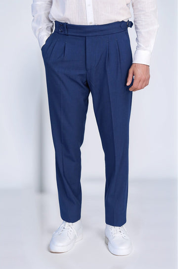 Sapphire Blue High-Waisted Double-Pleated Slim Fit Trousers with Side Buckles – Wessi