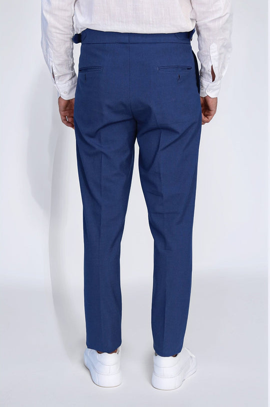 Sapphire Blue High-Waisted Double-Pleated Slim Fit Trousers with Side Buckles – Wessi