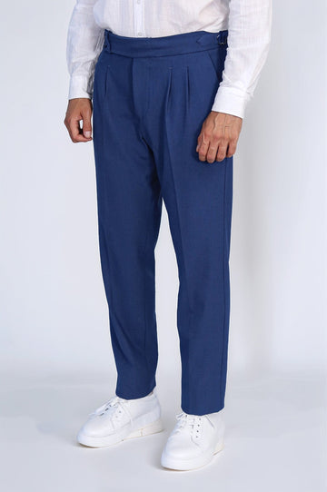 Sapphire Blue High-Waisted Double-Pleated Slim Fit Trousers with Side Buckles – Wessi