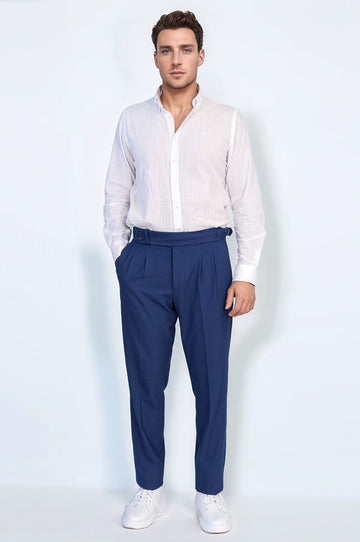 Sapphire Blue High-Waisted Double-Pleated Slim Fit Trousers with Side Buckles – Wessi