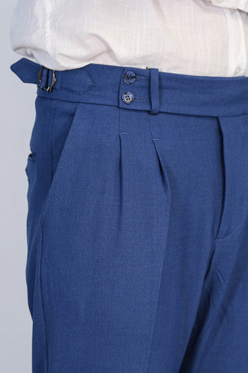 Sapphire Blue High-Waisted Double-Pleated Slim Fit Trousers with Side Buckles – Wessi
