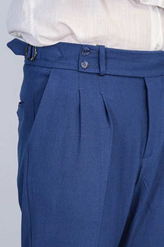Sapphire Blue High-Waisted Double-Pleated Slim Fit Trousers with Side Buckles – Wessi