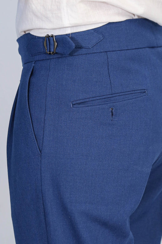 Sapphire Blue High-Waisted Double-Pleated Slim Fit Trousers with Side Buckles – Wessi