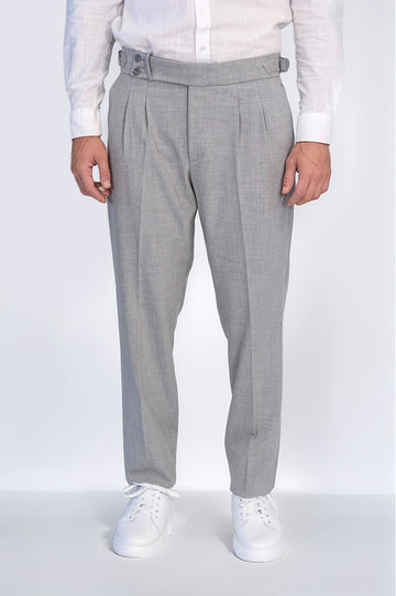 Grey High-Waisted Double-Pleated Slim Fit Trousers with Side Buckles – Wessi