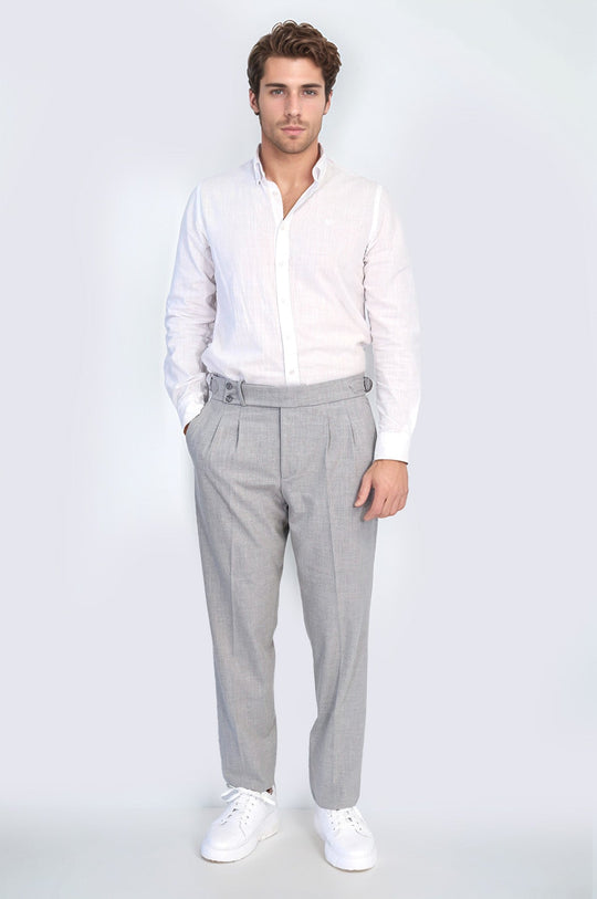 Grey High-Waisted Double-Pleated Slim Fit Trousers with Side Buckles – Wessi
