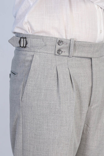 Grey High-Waisted Double-Pleated Slim Fit Trousers with Side Buckles – Wessi