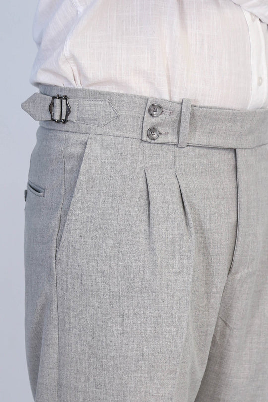 Grey High-Waisted Double-Pleated Slim Fit Trousers with Side Buckles – Wessi