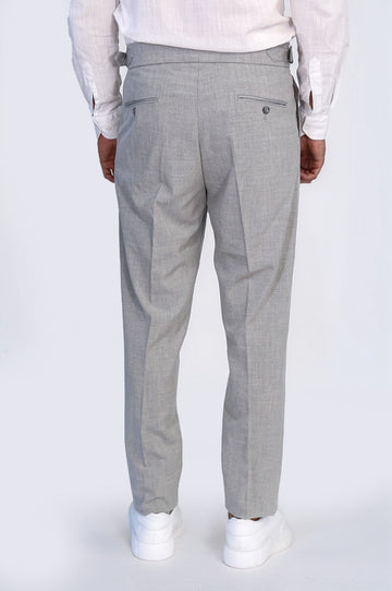Grey High-Waisted Double-Pleated Slim Fit Trousers with Side Buckles – Wessi