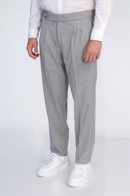 Grey High-Waisted Double-Pleated Slim Fit Trousers with Side Buckles – Wessi
