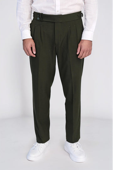 Khaki High-Waisted Double-Pleated Slim Fit Trousers with Side Buckles – Wessi