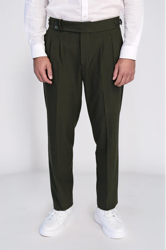 Khaki High-Waisted Double-Pleated Slim Fit Trousers with Side Buckles – Wessi