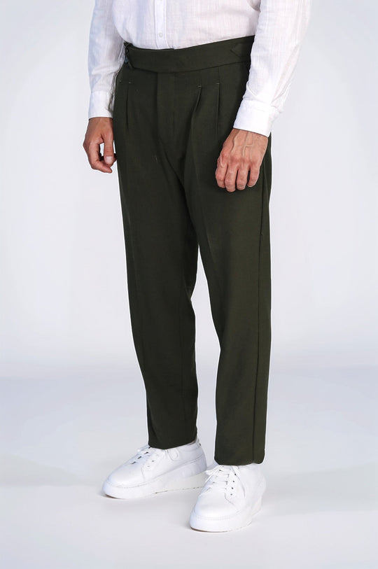 Khaki High-Waisted Double-Pleated Slim Fit Trousers with Side Buckles – Wessi