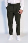Khaki High-Waisted Double-Pleated Slim Fit Trousers with Side Buckles – Wessi