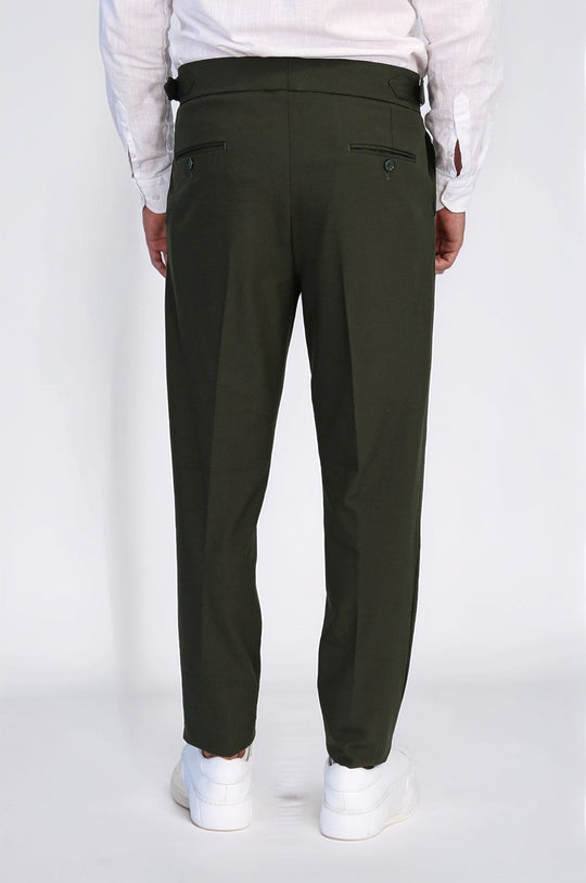 Khaki High-Waisted Double-Pleated Slim Fit Trousers with Side Buckles – Wessi