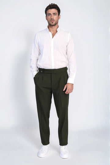 Khaki High-Waisted Double-Pleated Slim Fit Trousers with Side Buckles – Wessi