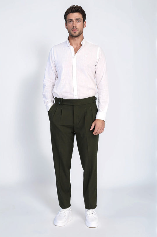 Khaki High-Waisted Double-Pleated Slim Fit Trousers with Side Buckles – Wessi