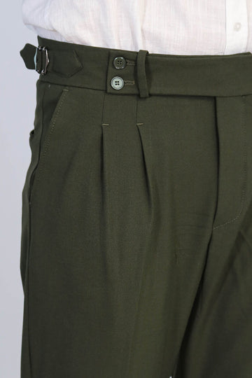 Khaki High-Waisted Double-Pleated Slim Fit Trousers with Side Buckles – Wessi