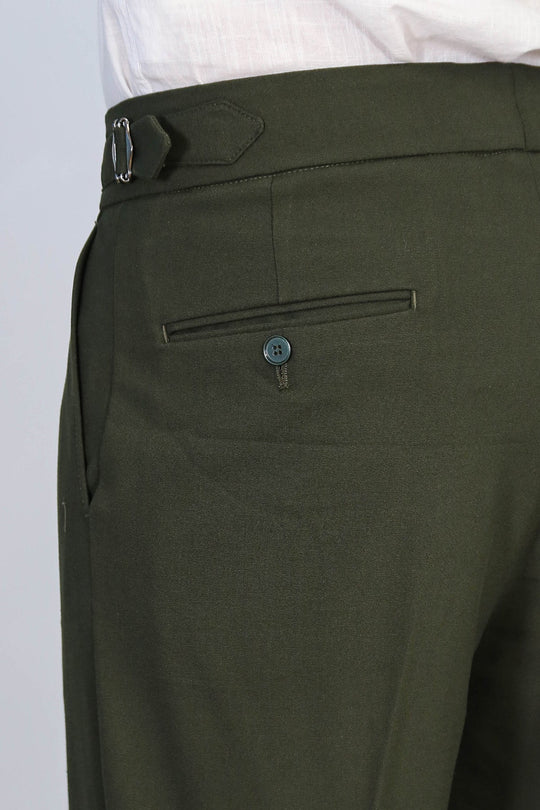Khaki High-Waisted Double-Pleated Slim Fit Trousers with Side Buckles – Wessi
