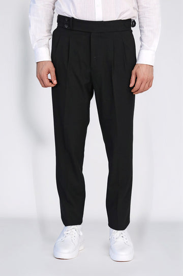 Black High-Waisted Double-Pleated Slim Fit Trousers with Side Buckles – Wessi