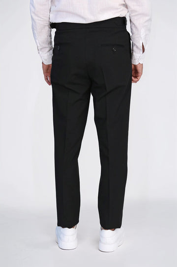 Black High-Waisted Double-Pleated Slim Fit Trousers with Side Buckles – Wessi