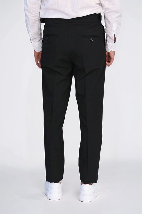 Black High-Waisted Double-Pleated Slim Fit Trousers with Side Buckles – Wessi