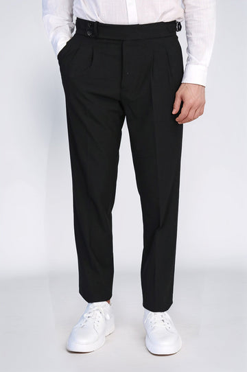 Black High-Waisted Double-Pleated Slim Fit Trousers with Side Buckles – Wessi