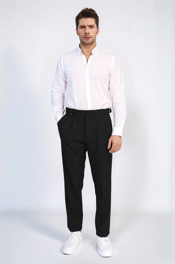 Black High-Waisted Double-Pleated Slim Fit Trousers with Side Buckles – Wessi