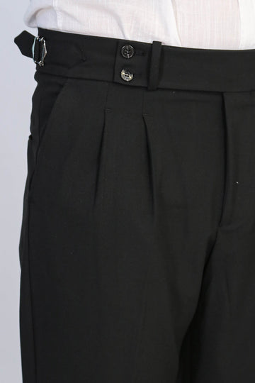 Black High-Waisted Double-Pleated Slim Fit Trousers with Side Buckles – Wessi