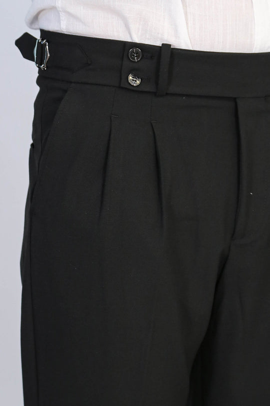 Black High-Waisted Double-Pleated Slim Fit Trousers with Side Buckles – Wessi