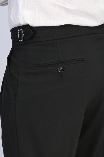 Black High-Waisted Double-Pleated Slim Fit Trousers with Side Buckles – Wessi