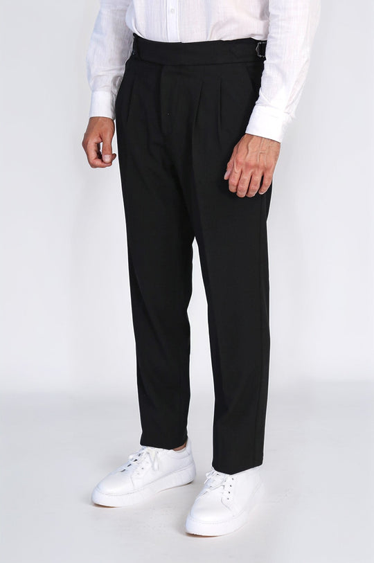Black High-Waisted Double-Pleated Slim Fit Trousers with Side Buckles – Wessi