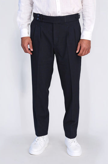 Navy Blue High-Waisted Double-Pleated Slim Fit Trousers with Side Buckles – Wessi